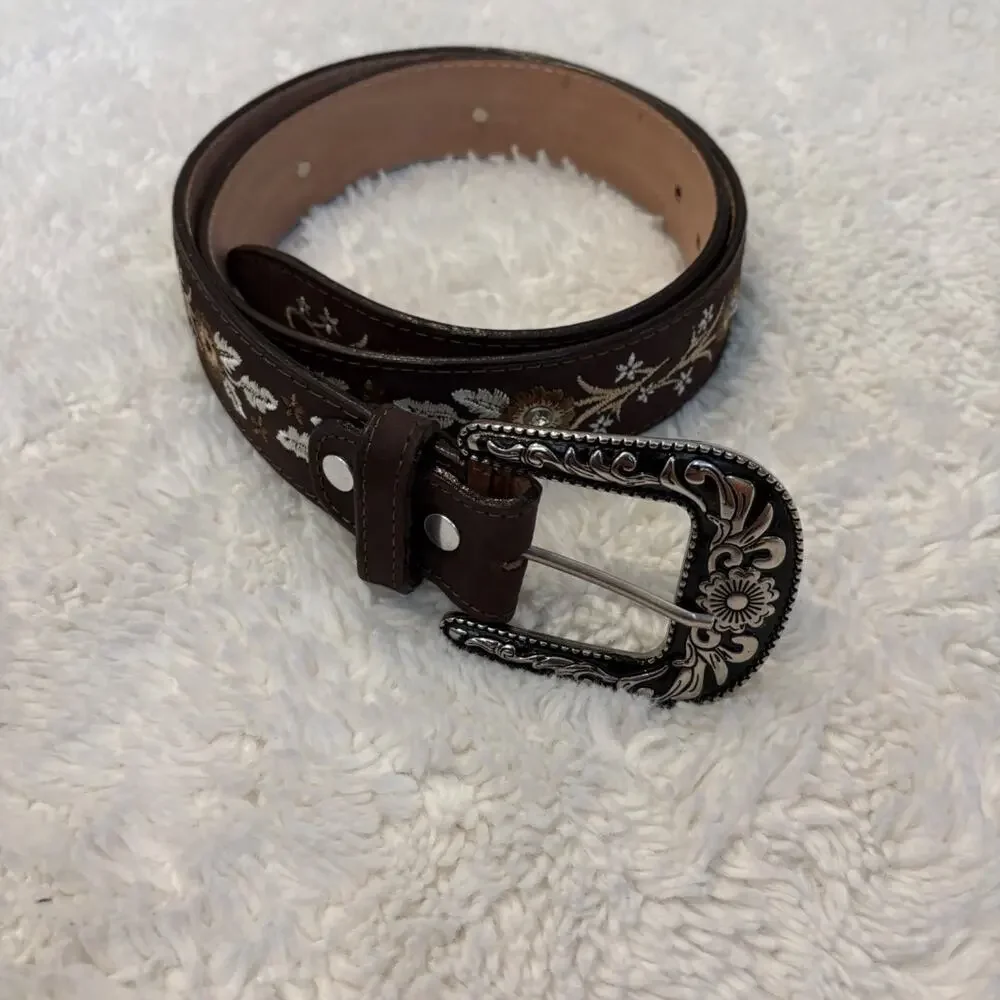 Womens Brown Leather Western Belt L/XL Rhinestone Studded Floral Buckle Cowgirl